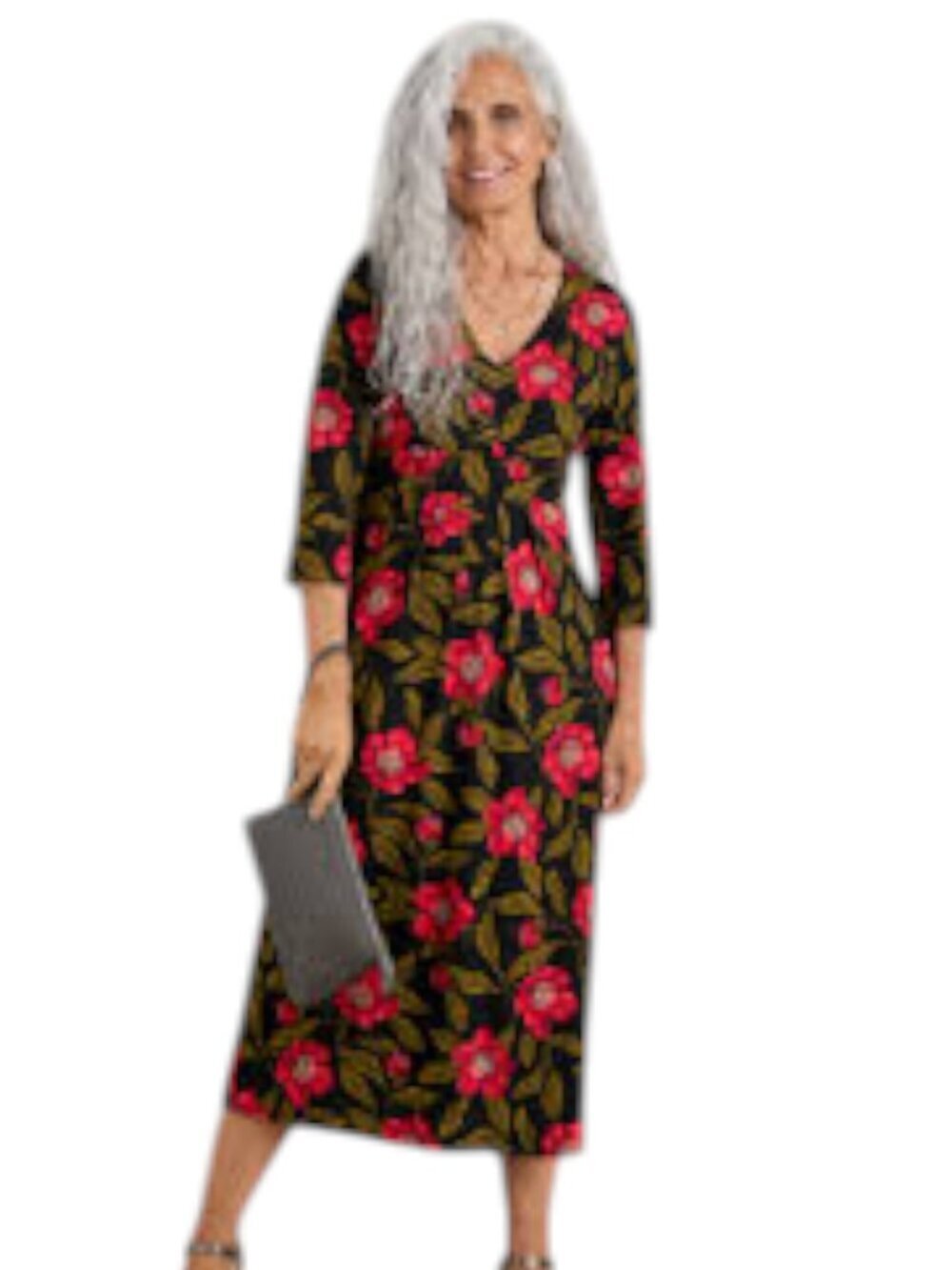 Seasalt Cornwall Flower Bud Midi Dress - Sustainable - Black, Red, Olive - 14